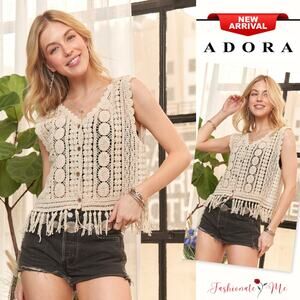 ADORA Fringe Hem Openwork Sleeveless Button Down Crochet Vest Cardigan | Beige